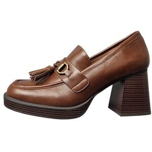 ana Hazen Dark Cognac Brown Tassel Chunky Block Heel Platform Loafers Mens 9M